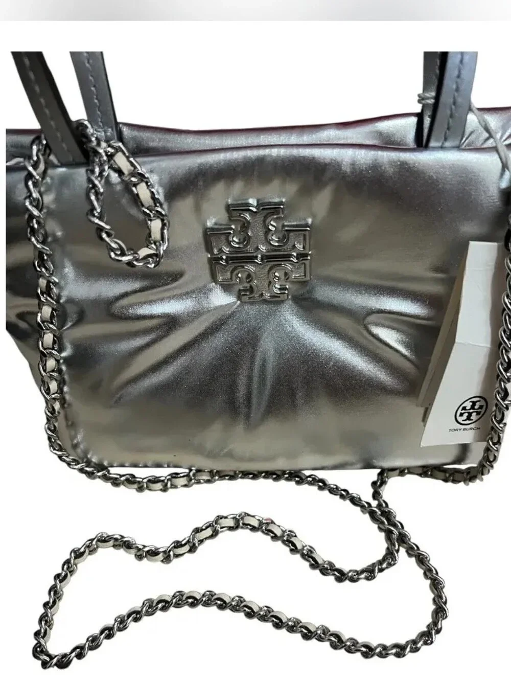 Tory Burch Britten Metallic Puffy Mini Tote Silver Crossbody New